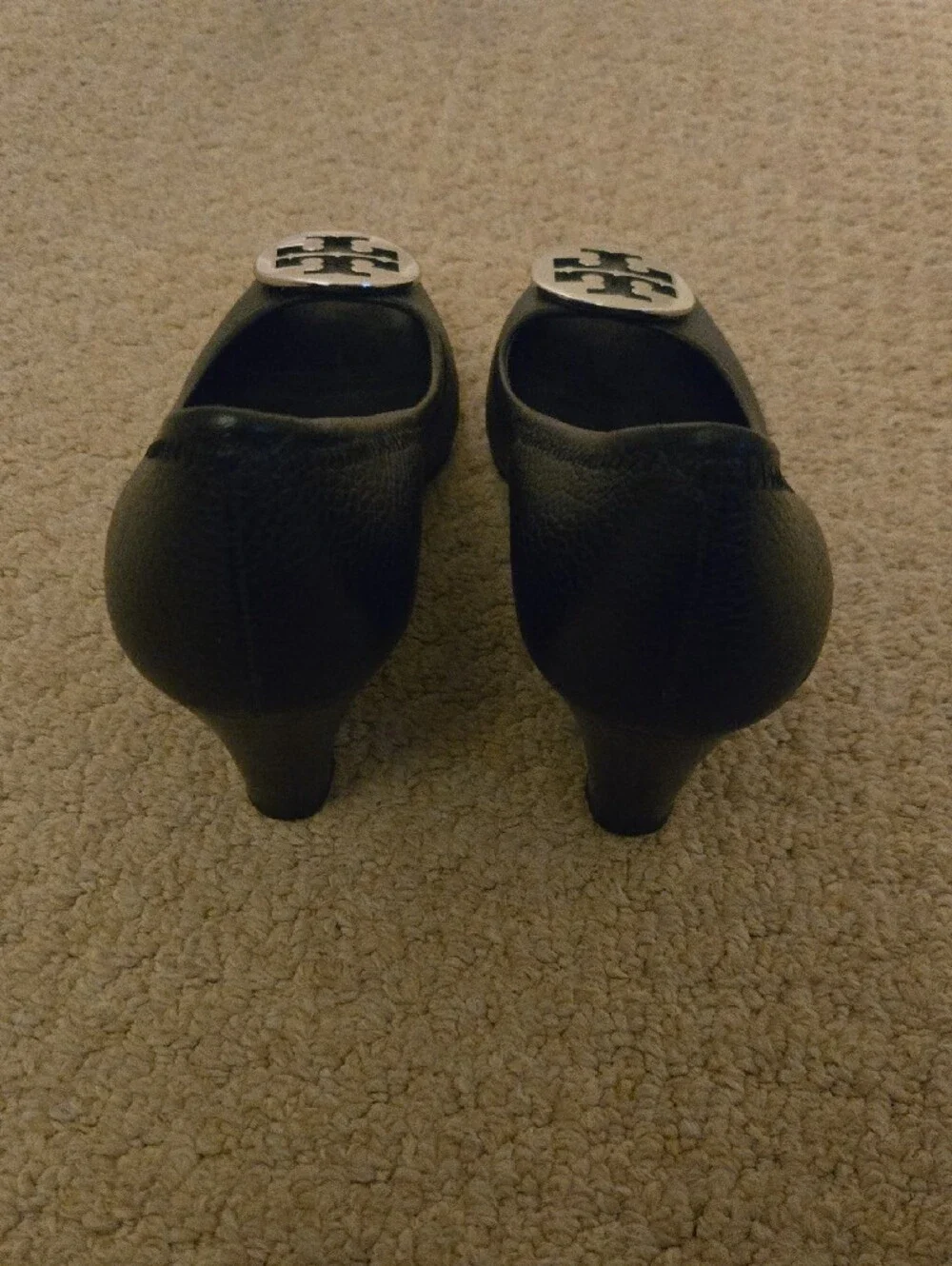 Tory Burch Black Leather Peep-Toe Heels with Silver Logo Medallion